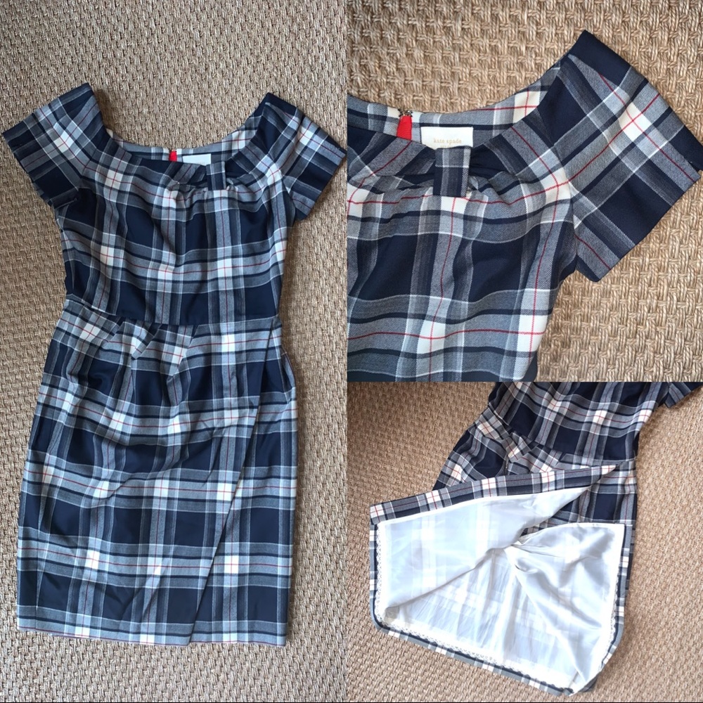 Kate Spade Wool Blue Plaid Boat Neck Sheath Dress